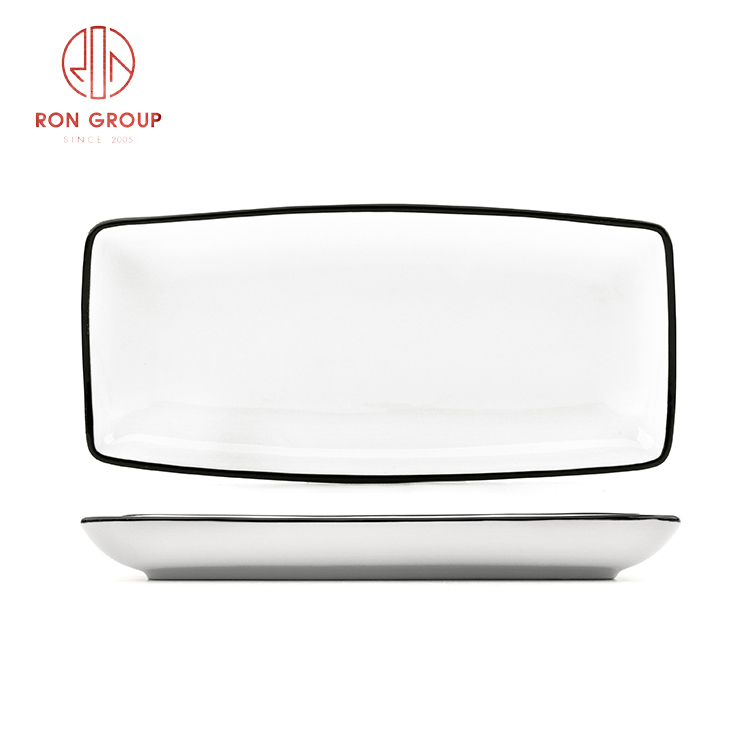 Modern White Stoneware Rectangular Plates with Black Rim for Restaurants and Home Dining