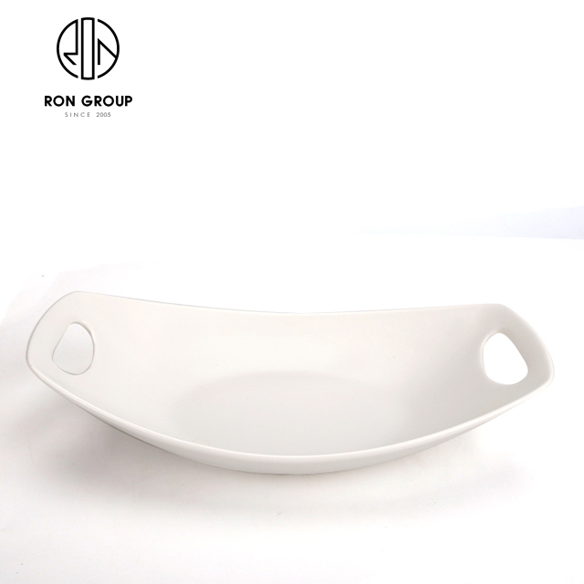 White Ceramic Long Serving Plate with Dual Handles | Custom Pattern Dining Dish for Restaurants & Hotels