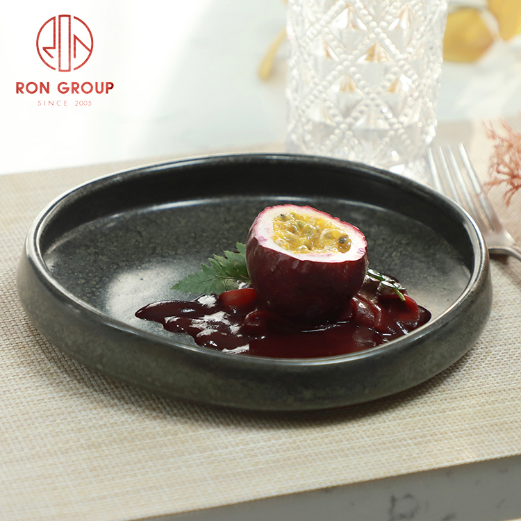 Handcrafted Irregular Deep Ceramic Plate with Blue Reactive Glaze for Restaurant Dining