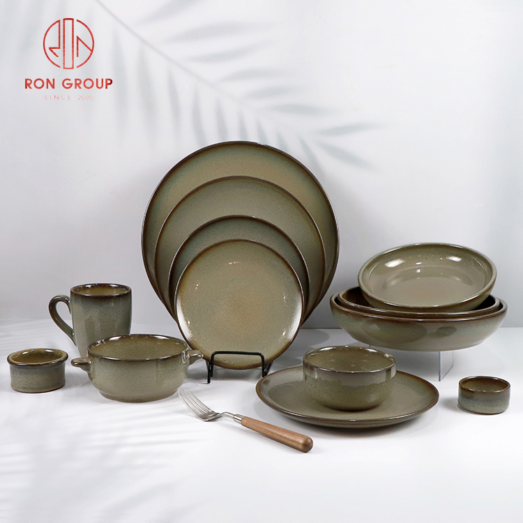 Matte Grey Stoneware Dinnerware Set with Reactive Glaze for Restaurants and Catering Services