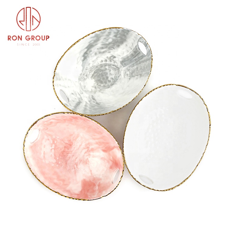 Gold Rim Ingot Shape Ceramic Serving Bowls for Wedding Banquets