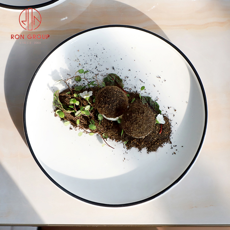 Minimalist White Stoneware Plates with Grey Rim Texture for Modern Restaurant Dining