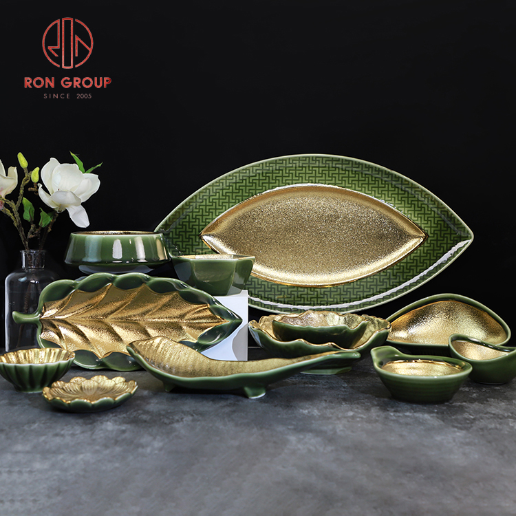 Gold and Green Ceramic Serving Plates with Leaf Design for Restaurants, BBQ, and Buffet Displays
