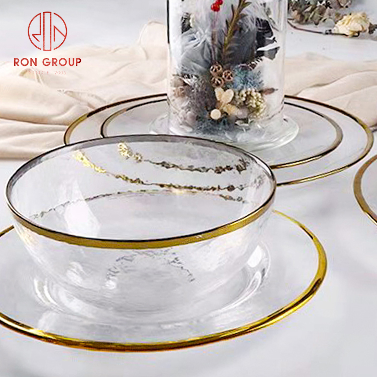 Clear Glass Dinner Plates with Gold Rim – Elegant Wedding & Event Tableware Set