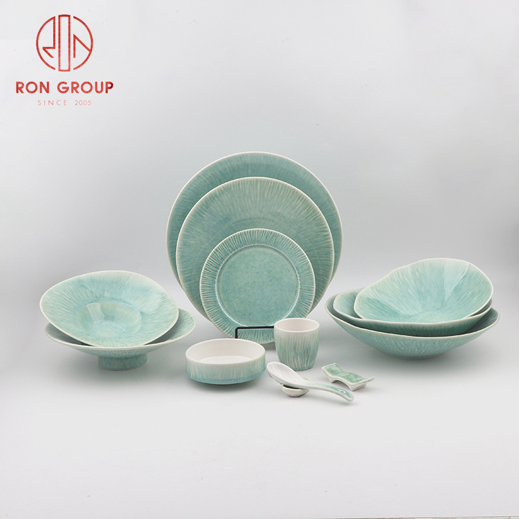 Artisan Green Reactive Glaze Ceramic Dinnerware Set for Hotels & Restaurants
