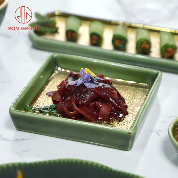 Gold and Green Ceramic Serving Plates with Leaf Design for Restaurants, BBQ, and Buffet Displays
