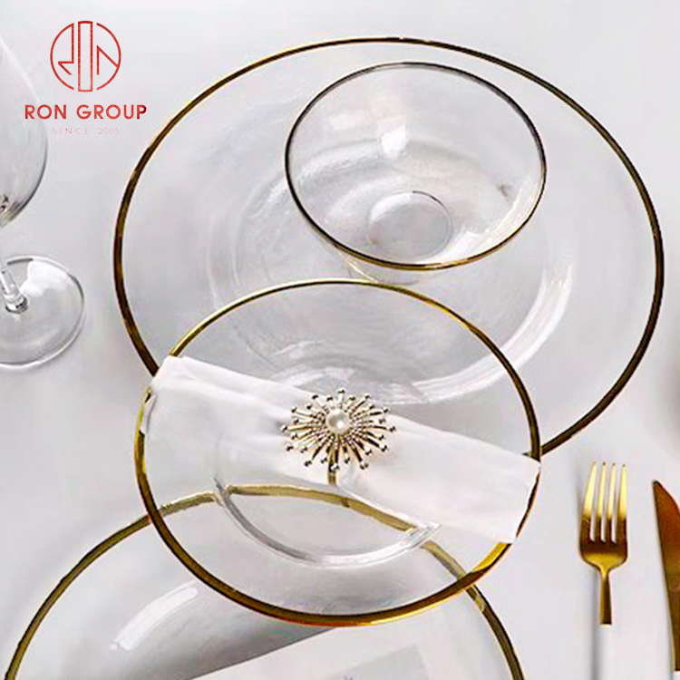 Clear Glass Dinner Plates with Gold Rim – Elegant Wedding & Event Tableware Set