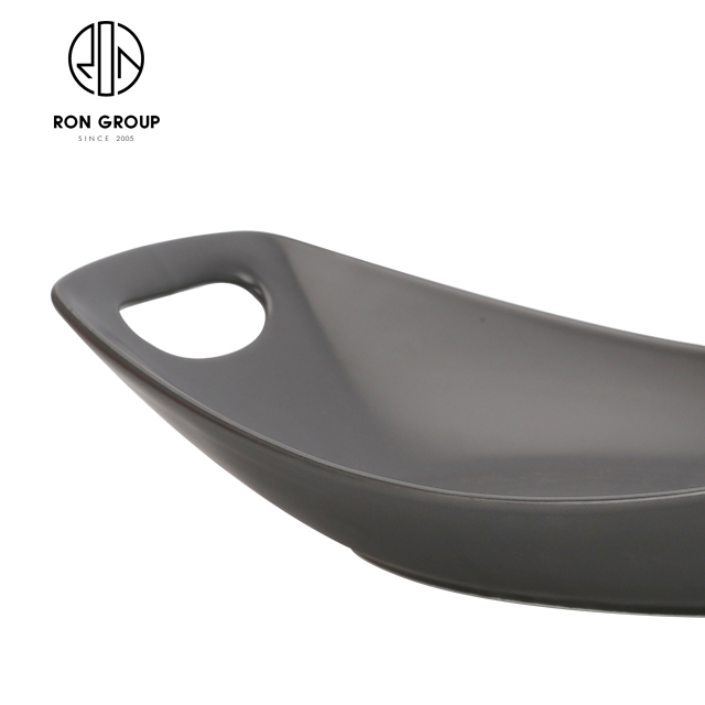 Matte Black Ceramic Serving Plate with Double Handles | Handmade Long Tray for Restaurants
