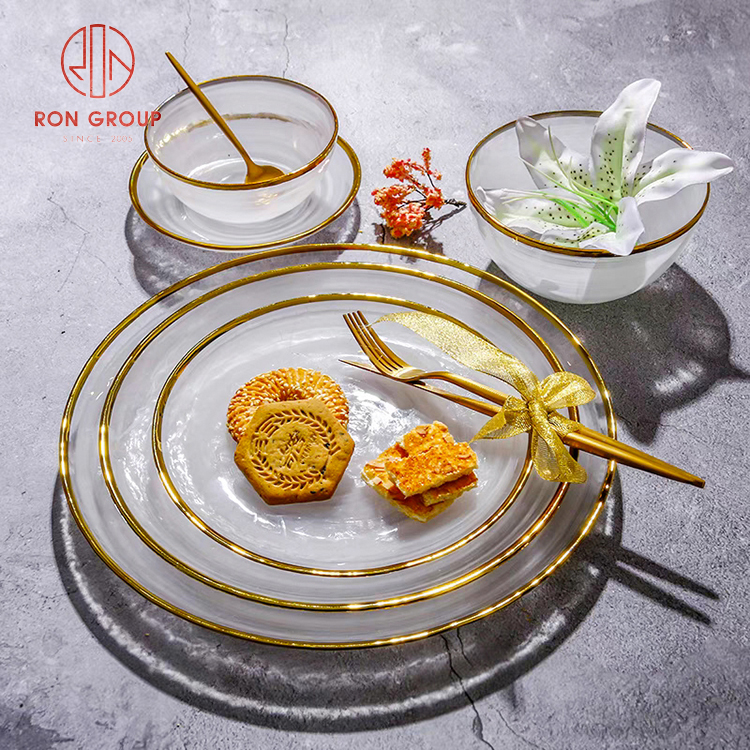 Luxury Minimalist Translucent Glass Charger Plate with Elegant Gold Rim - Black & White Collection