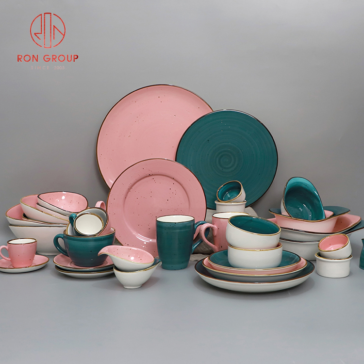 Pink & Teal Reactive Glaze Porcelain Dinnerware Set for Hotels and Restaurants