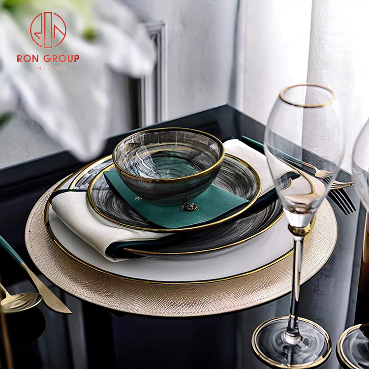 Luxury Minimalist Translucent Glass Charger Plate with Elegant Gold Rim - Black & White Collection