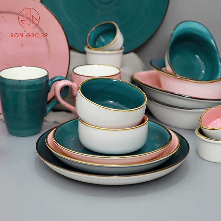 Pink & Teal Reactive Glaze Porcelain Dinnerware Set for Hotels and Restaurants