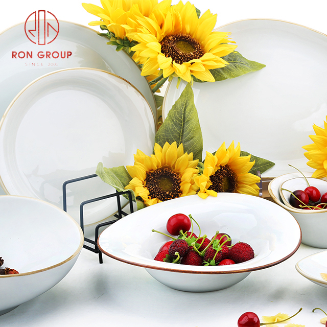 Irregular White Porcelain Bowl with Gold Rim | Ceramic Fruit & Salad Serving Bowl for Hotels
