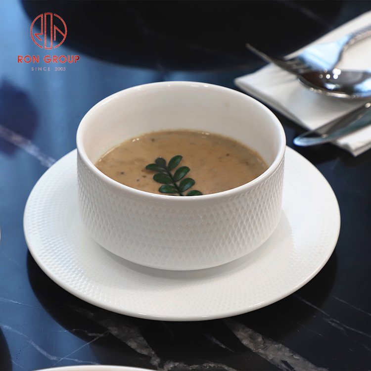 Grid Pattern White Ceramic Commercial Soup Bowl