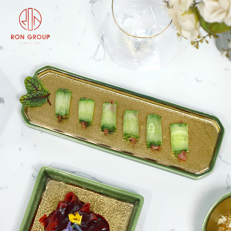 Gold and Green Ceramic Serving Plates with Leaf Design for Restaurants, BBQ, and Buffet Displays