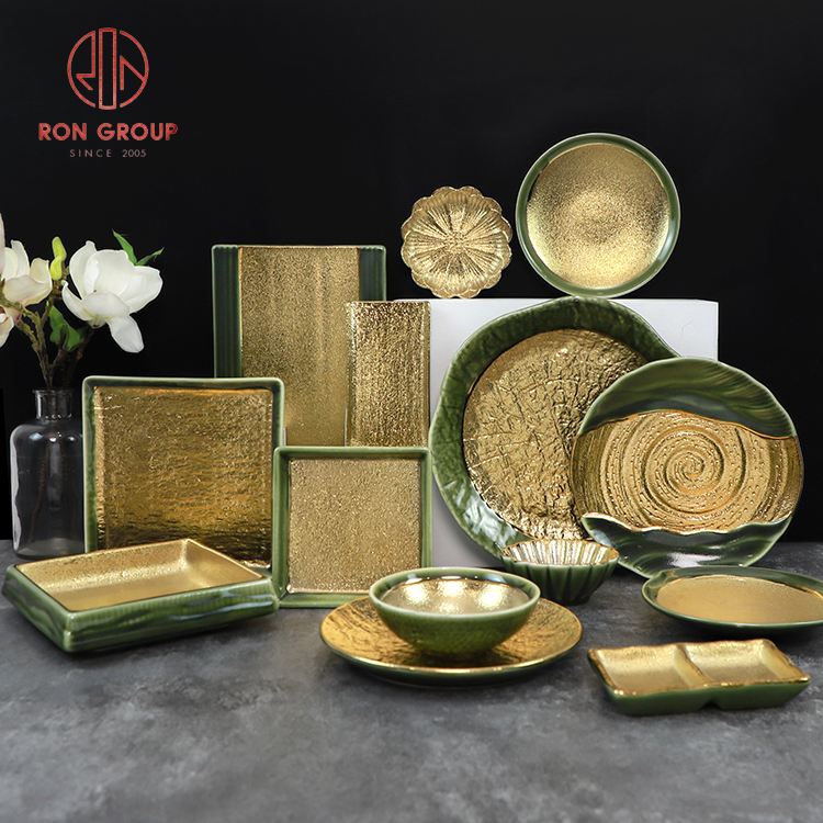Gold and Green Ceramic Serving Plates with Leaf Design for Restaurants, BBQ, and Buffet Displays