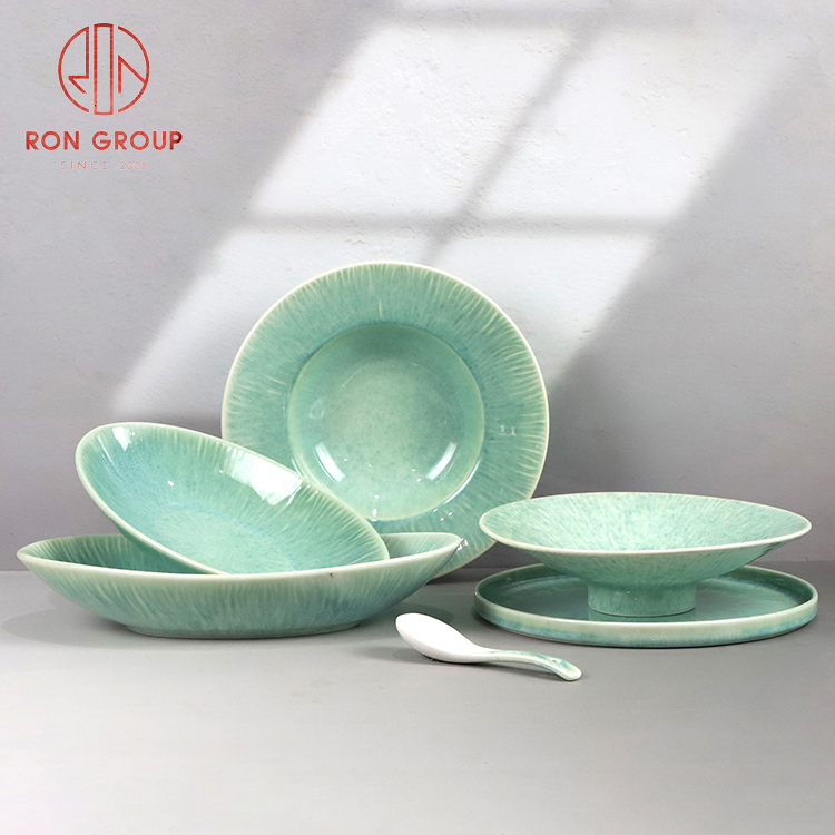 Artisan Green Reactive Glaze Ceramic Dinnerware Set for Hotels & Restaurants