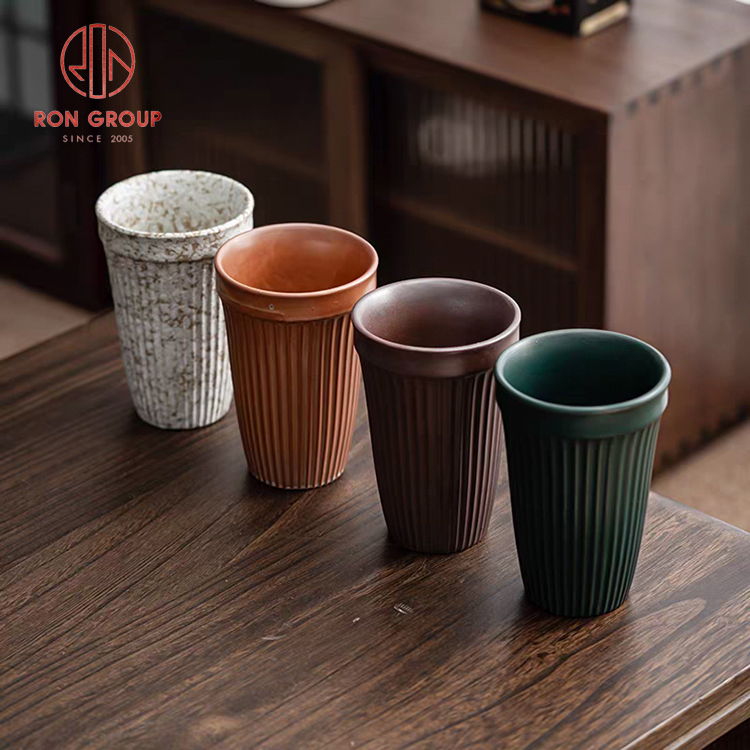 Retro Ribbed Handleless Ceramic Tea Cup