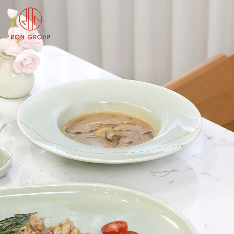 Sage Green Deep Pasta Plate with Crackle-Line Accent – Elegant Ceramic Bowl Plate for Restaurant Service