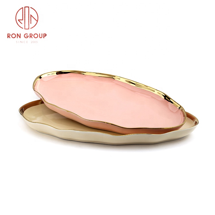 Gold Rim Irregular Porcelain Fish Serving Plates for Wedding & Restaurant Use