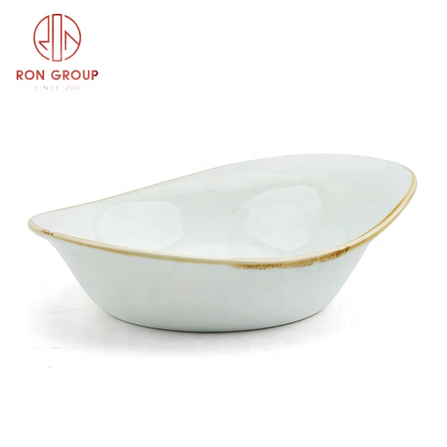 Gold Rim Special Shape Porcelain Bowl | Ceramic Salad & Dim Sum Serving Dish for Hotels