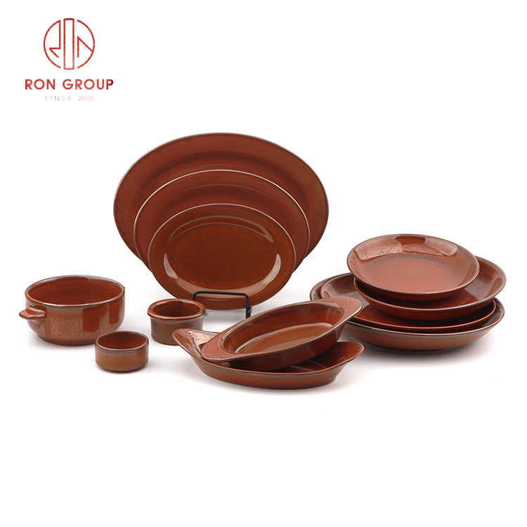 Rustic Red-Brown Stoneware Dinner Set with Textured Glaze for Professional Restaurant Service