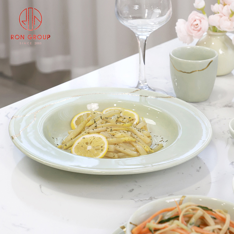 Sage Green Deep Pasta Plate with Crackle-Line Accent – Elegant Ceramic Bowl Plate for Restaurant Service