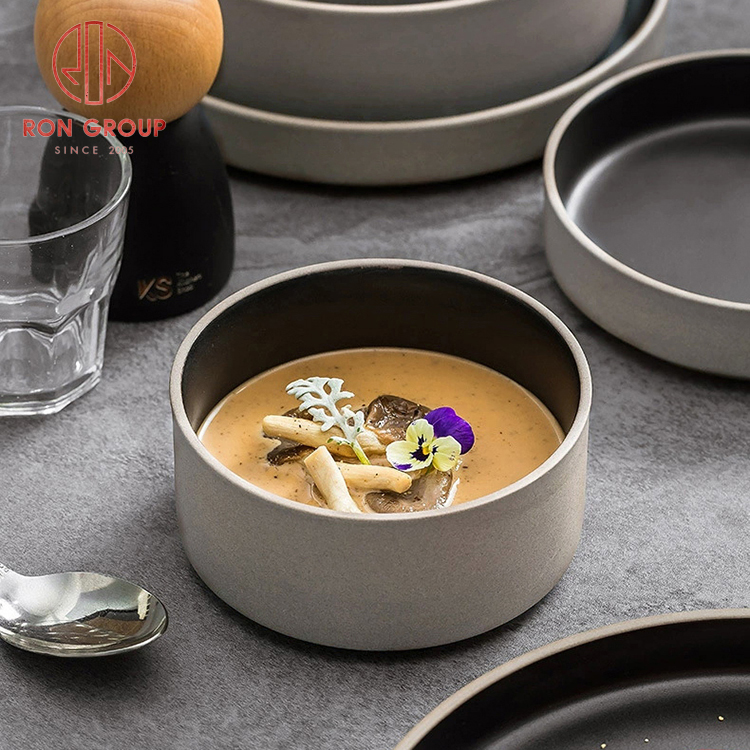 Zen Style Khaki & Matte Black Two-Tone Minimalist Ceramic Serving Bowl