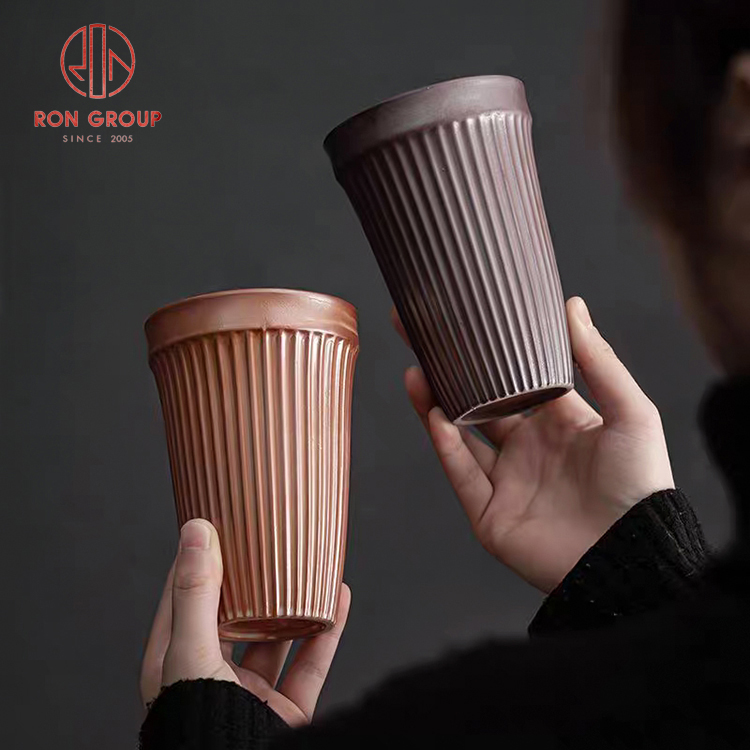 Retro Ribbed Handleless Ceramic Tea Cup