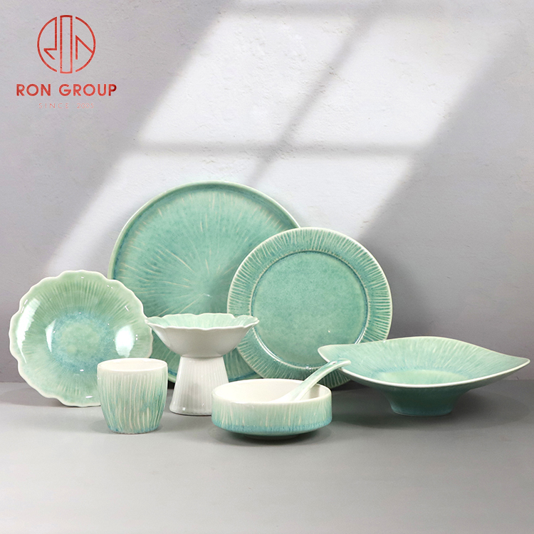 Artisan Green Reactive Glaze Ceramic Dinnerware Set for Hotels & Restaurants