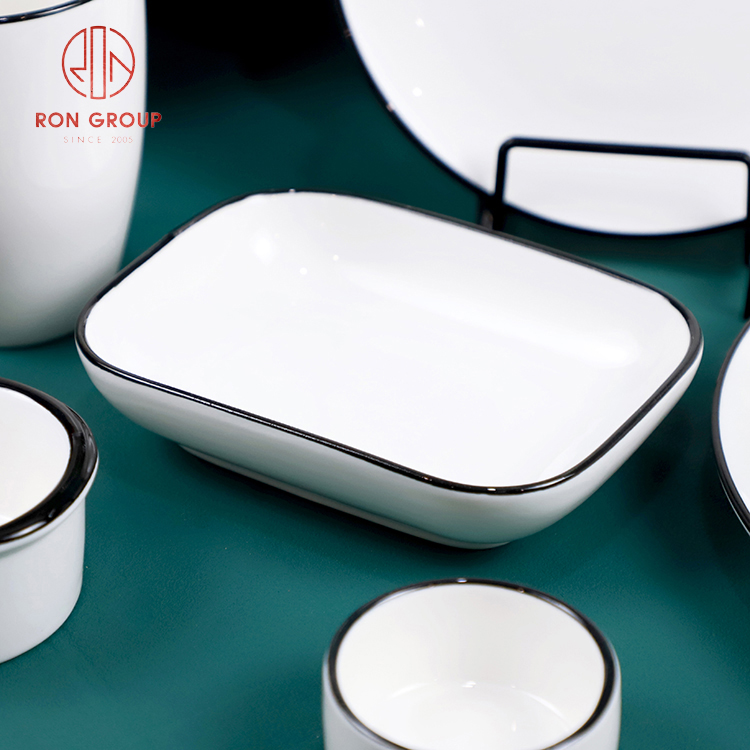 Modern White Stoneware Rectangular Plates with Black Rim for Restaurants and Home Dining