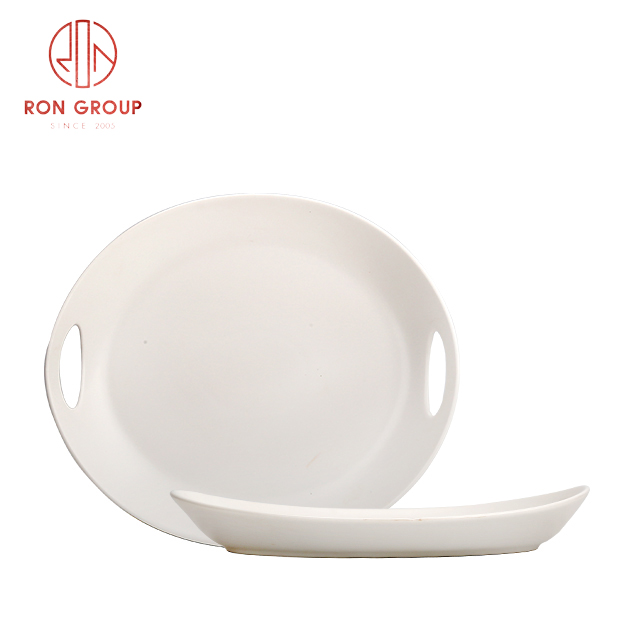 White Ceramic Long Serving Plate with Dual Handles | Custom Pattern Dining Dish for Restaurants & Hotels