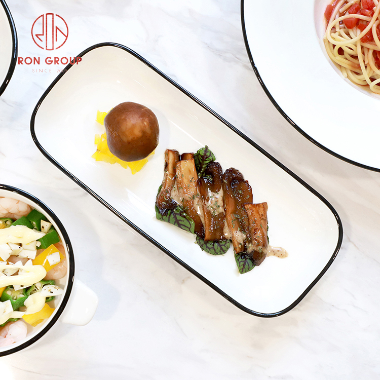 Modern White Stoneware Rectangular Plates with Black Rim for Restaurants and Home Dining