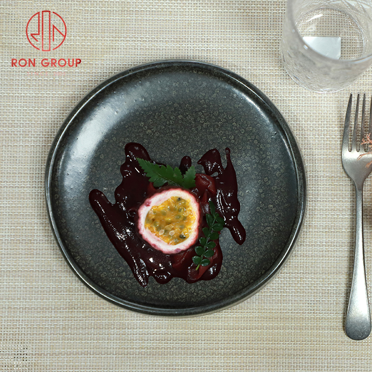 Handcrafted Irregular Deep Ceramic Plate with Blue Reactive Glaze for Restaurant Dining