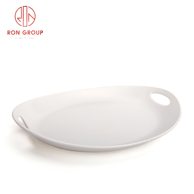 White Ceramic Long Serving Plate with Dual Handles | Custom Pattern Dining Dish for Restaurants & Hotels