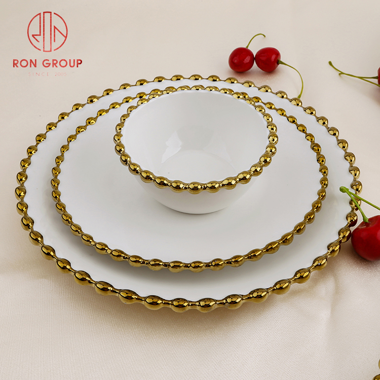 White Porcelain Gold Beaded Rim Dinner Plates – Wedding & Hotel Tableware Collection