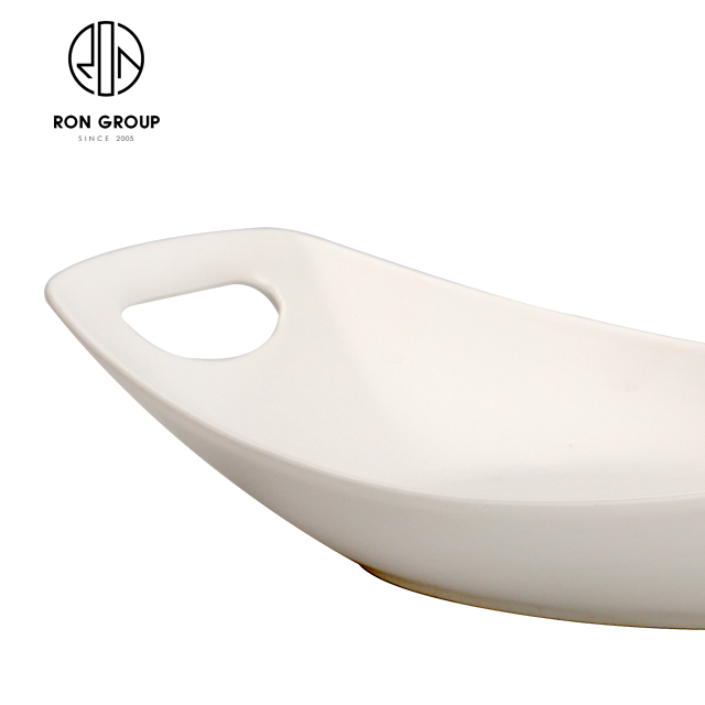 White Ceramic Long Serving Plate with Dual Handles | Custom Pattern Dining Dish for Restaurants & Hotels