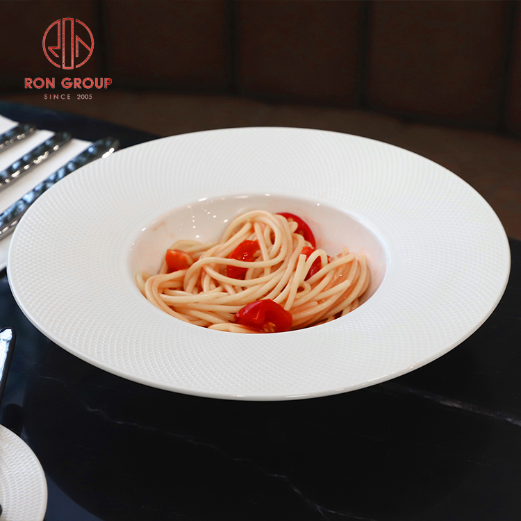 Elegant Textured Edge Pure White Ceramic Pasta Plate