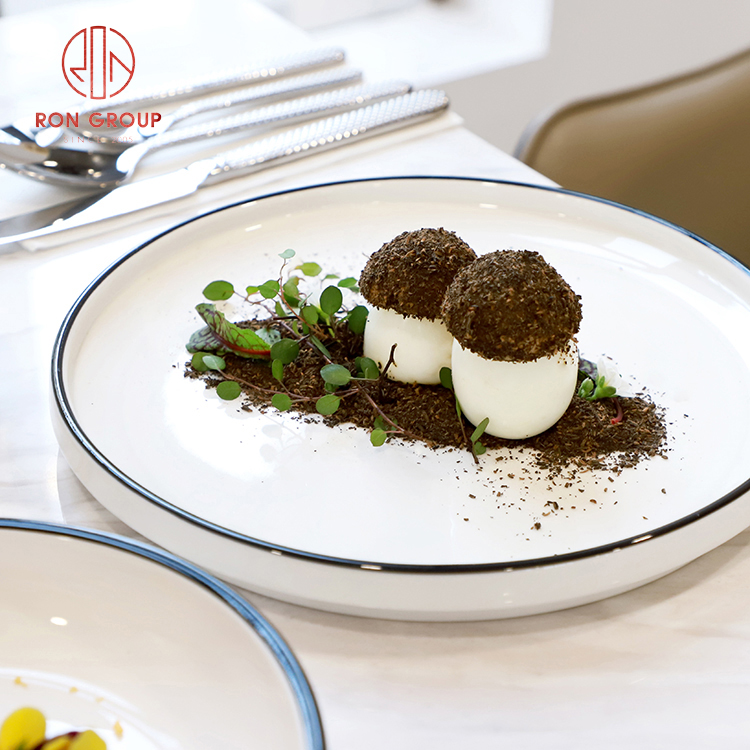 Minimalist White Stoneware Plates with Grey Rim Texture for Modern Restaurant Dining