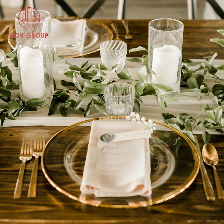 Luxury Gold Rim Glass Charger Plate & Matching Stainless Steel Cutlery Set