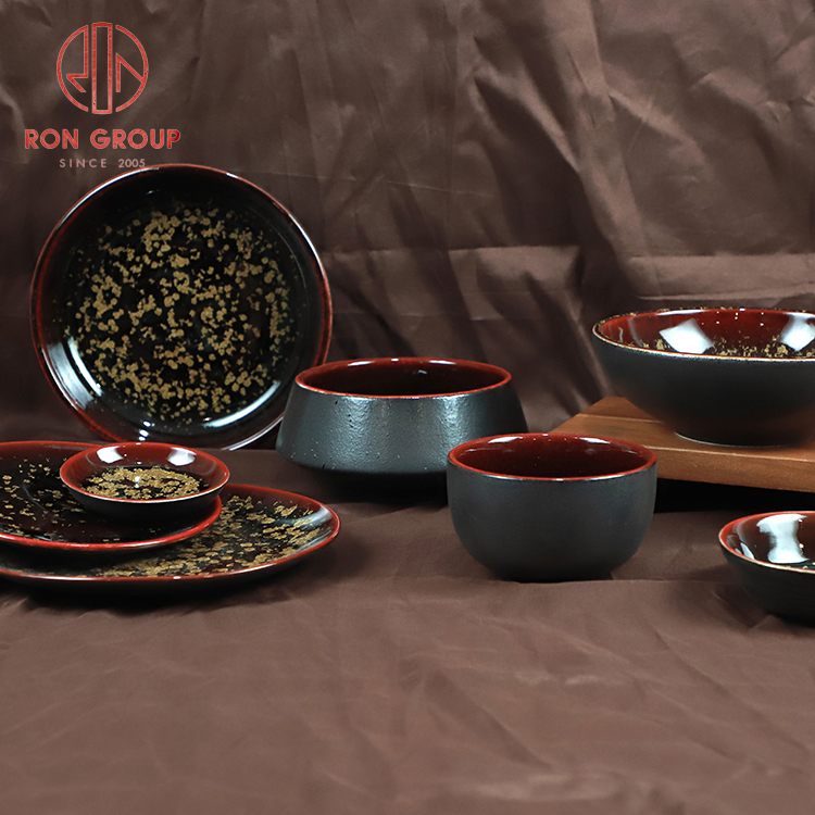 Ankhra Ignis Luxury Red and Black Ceramic Tableware with Gold Speckles