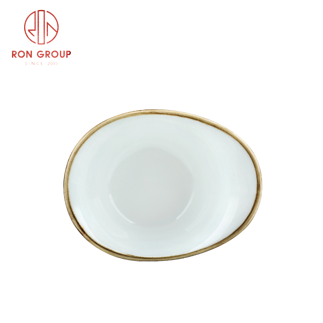 Irregular White Porcelain Bowl with Gold Rim | Ceramic Fruit & Salad Serving Bowl for Hotels