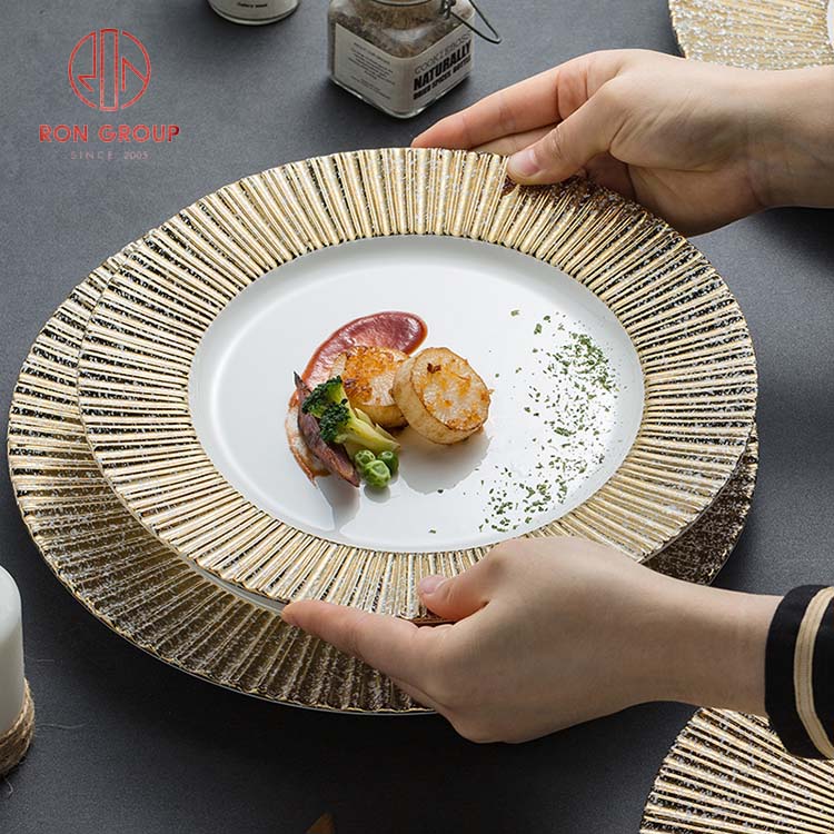 Luxury Gold Embossed Porcelain Dinner Plates – Premium Wedding & Hotel Tableware Set