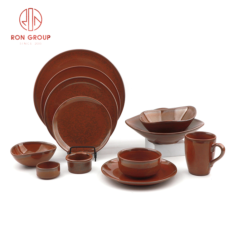 Rustic Red-Brown Stoneware Dinner Set with Textured Glaze for Professional Restaurant Service