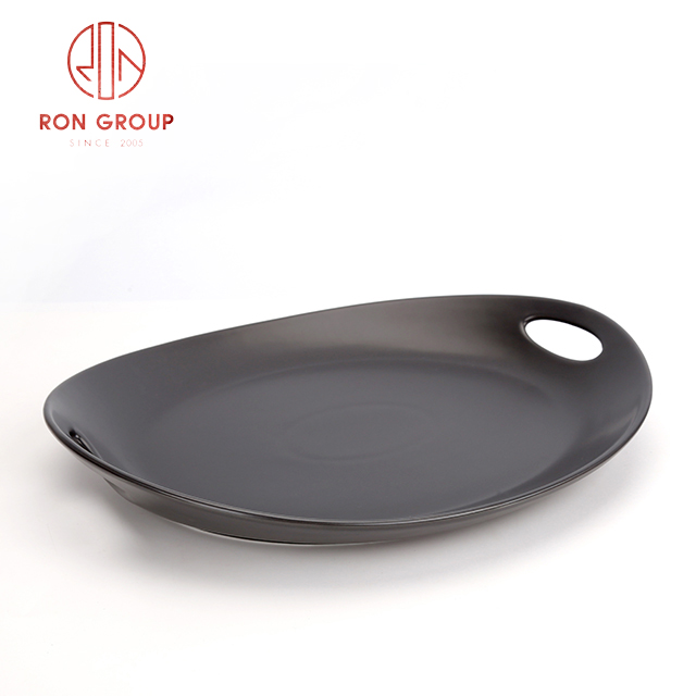 Matte Black Ceramic Serving Plate with Double Handles | Handmade Long Tray for Restaurants