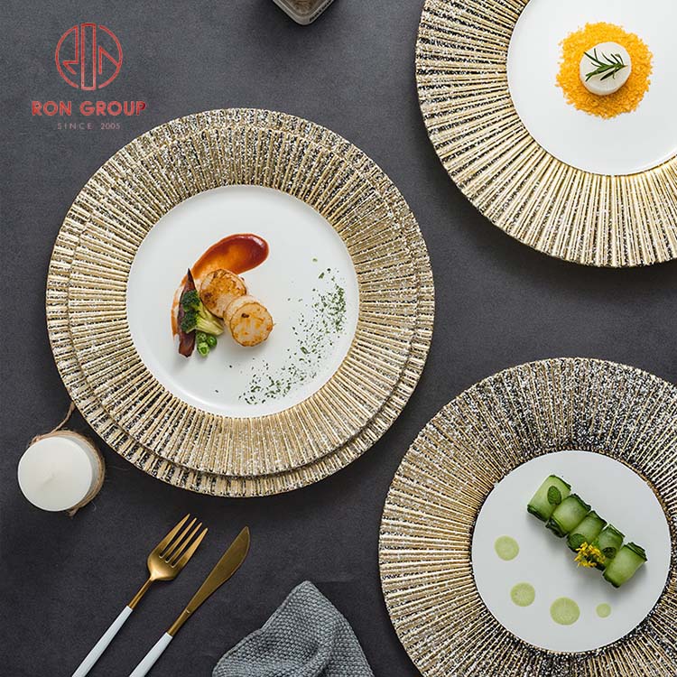 Luxury Gold Embossed Porcelain Dinner Plates – Premium Wedding & Hotel Tableware Set