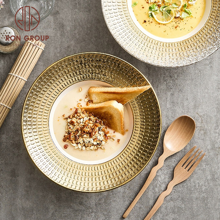 Full-Gold Checkerboard Wide-Rim Dinner Plate – Luxe Ceramic Tableware for Hotel & Restaurant Service