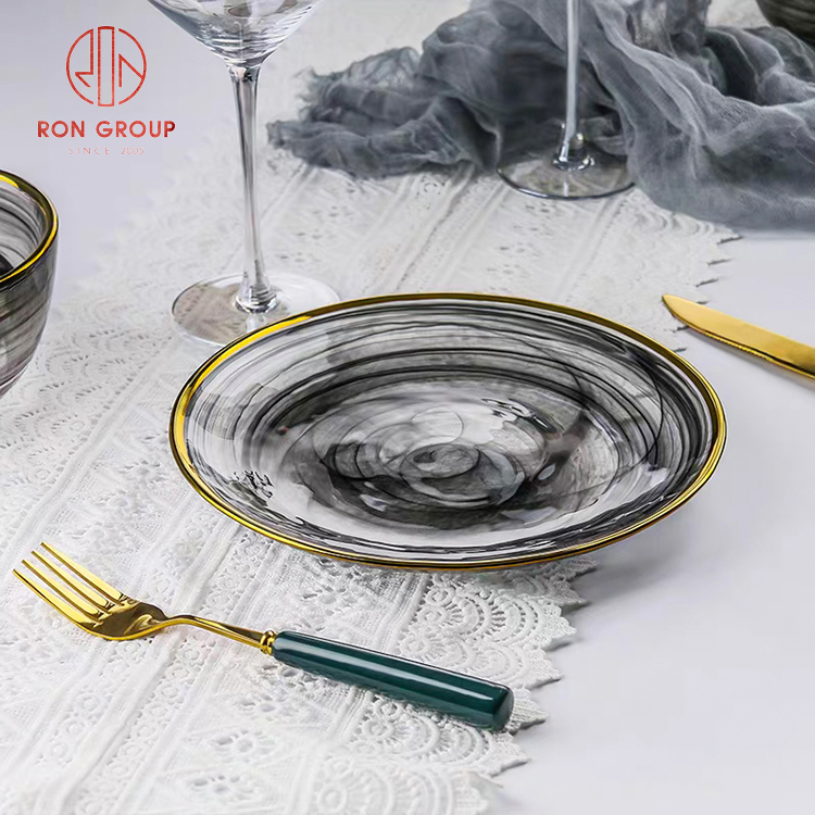 Luxury Minimalist Translucent Glass Charger Plate with Elegant Gold Rim - Black & White Collection