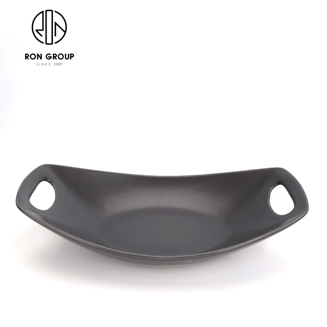 Matte Black Ceramic Serving Plate with Double Handles | Handmade Long Tray for Restaurants