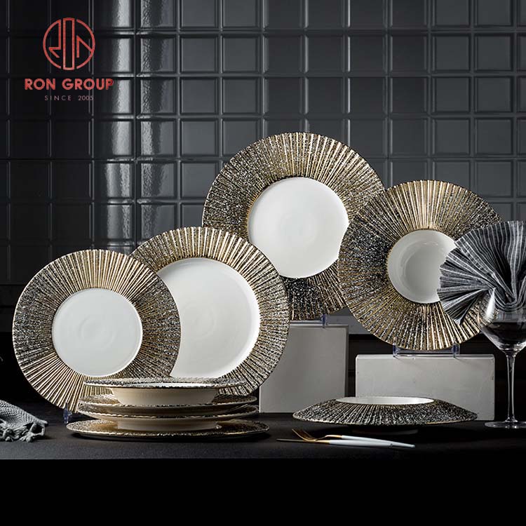 Luxury Gold Embossed Porcelain Dinner Plates – Premium Wedding & Hotel Tableware Set